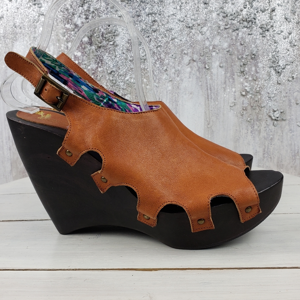492iot Black Rooster orange leather studded brown wooden women's wedges
